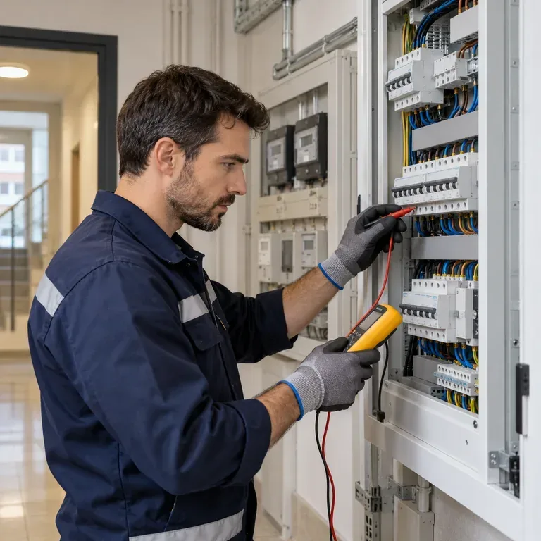 Electricista revisa el cuadro eléctrico de las zonas comunes de una comunidad de vecinos.