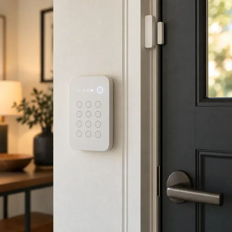 Teclado de alarma y sensor de apertura de puerta.