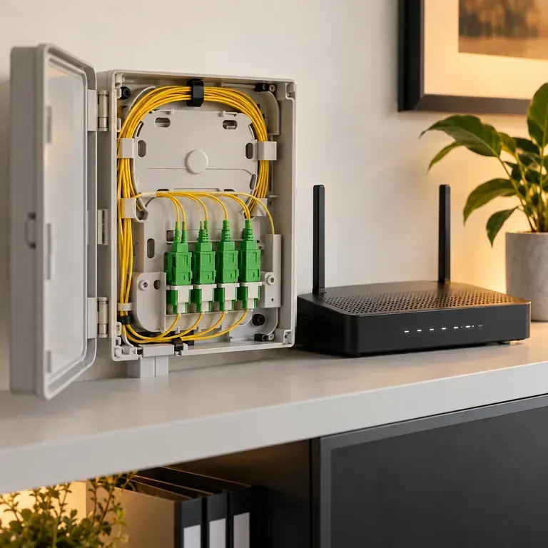 Caja de conexiones de fibra óptica junto a un router.