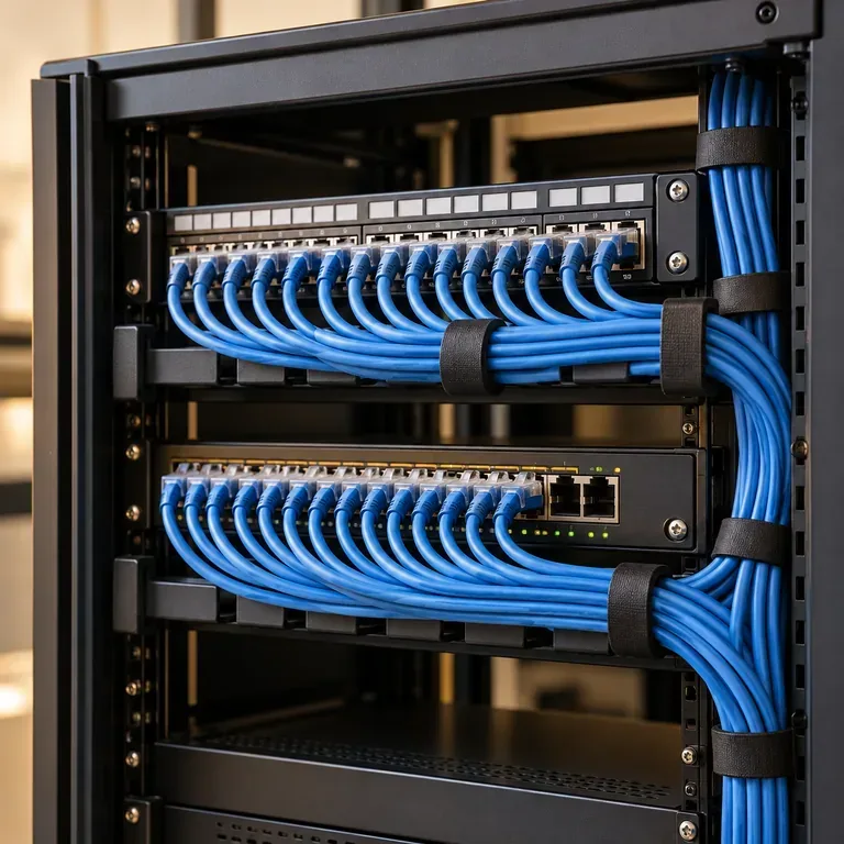 Panel de conexiones con cableado de red organizado.